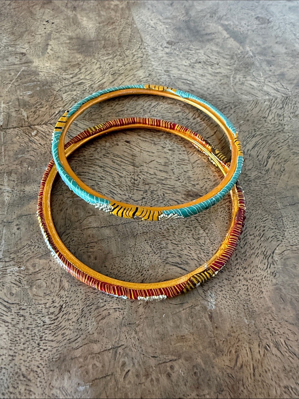 Colorful Painted Enamel Bangle Set - Turquoise & Mustard